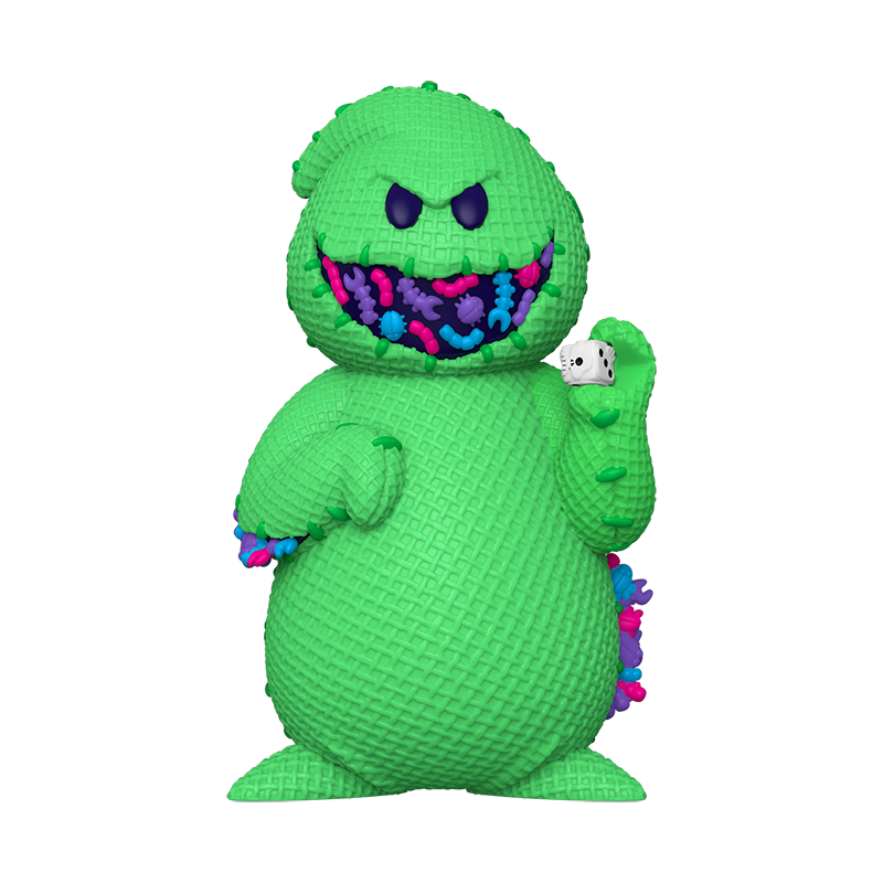 Oogie Boogie 3-Liter Soda in neon green, holding dice and smiling, revealing multicolored bugs and worms.